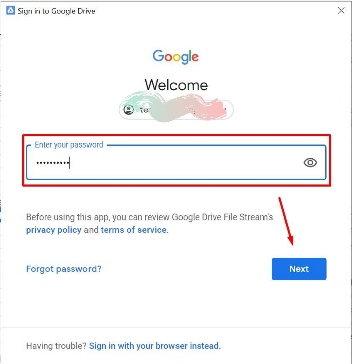 Nhập Pass và Next
