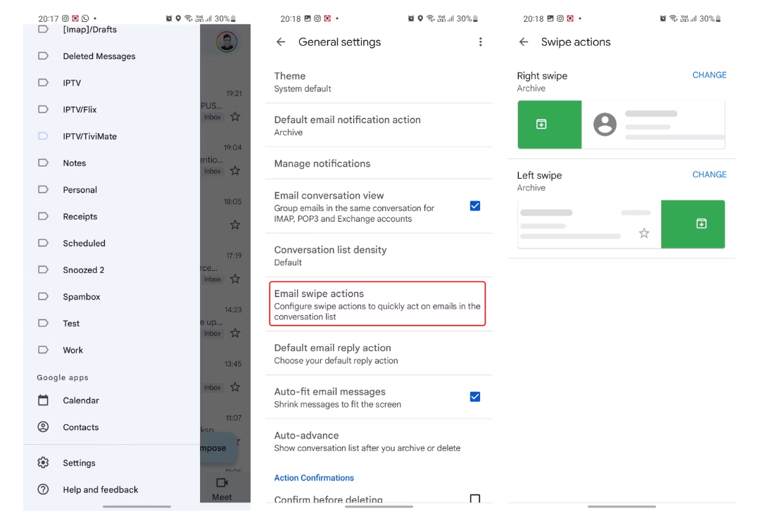 thao tác vuốt Gmail trên Android